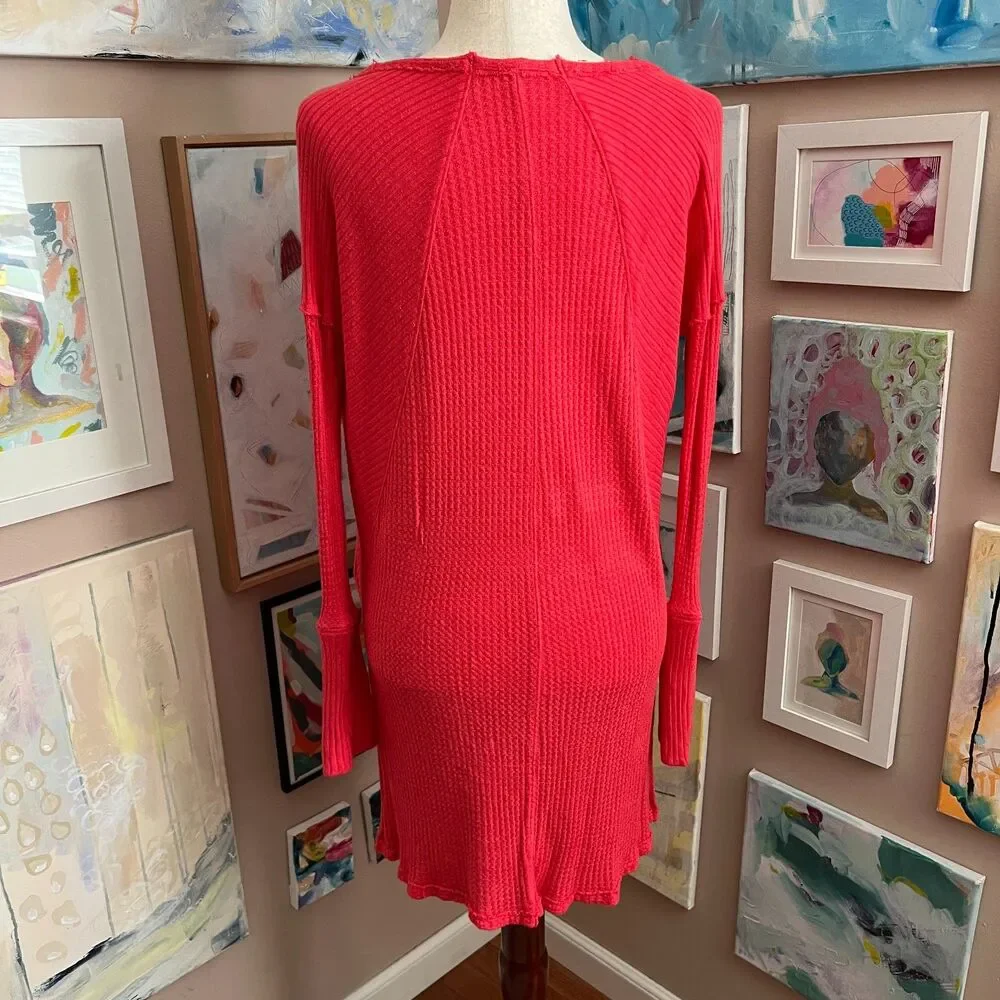 Free People Coral Ribbed Thermal Top‎ Cozy Boho Waffle Knit Oversized Size L